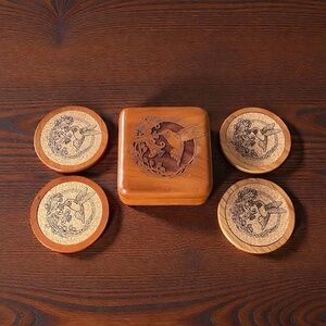 Carved Wood Hummingbird Coaster Box Set 4 Cork Center Coasters Trinket Box Decor